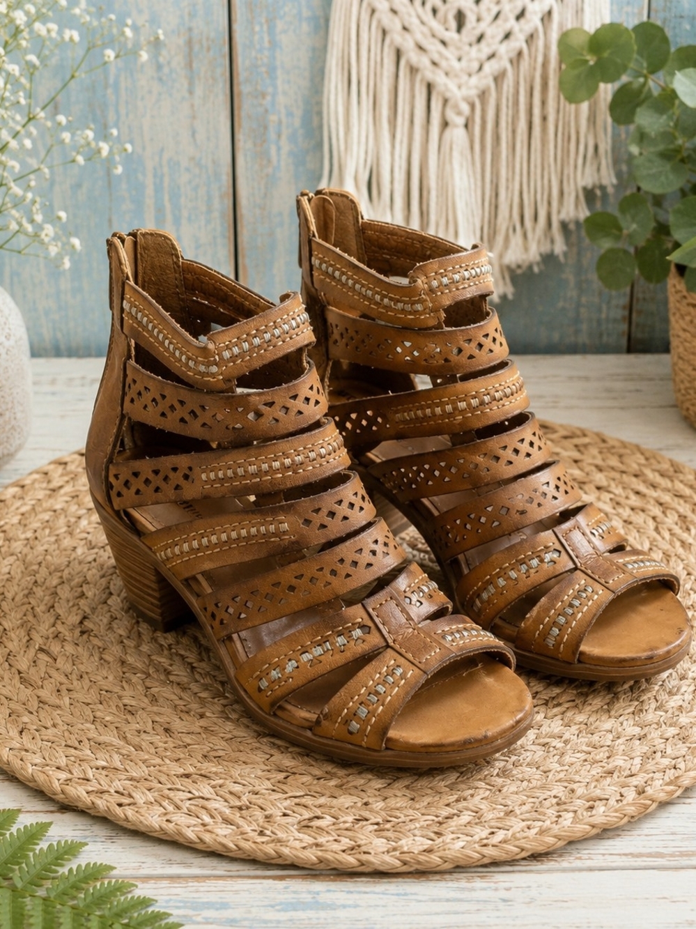 Pikolinos Brown Leather Gladiator Heeled Sandals Cutout Zip Back US 6.5-7